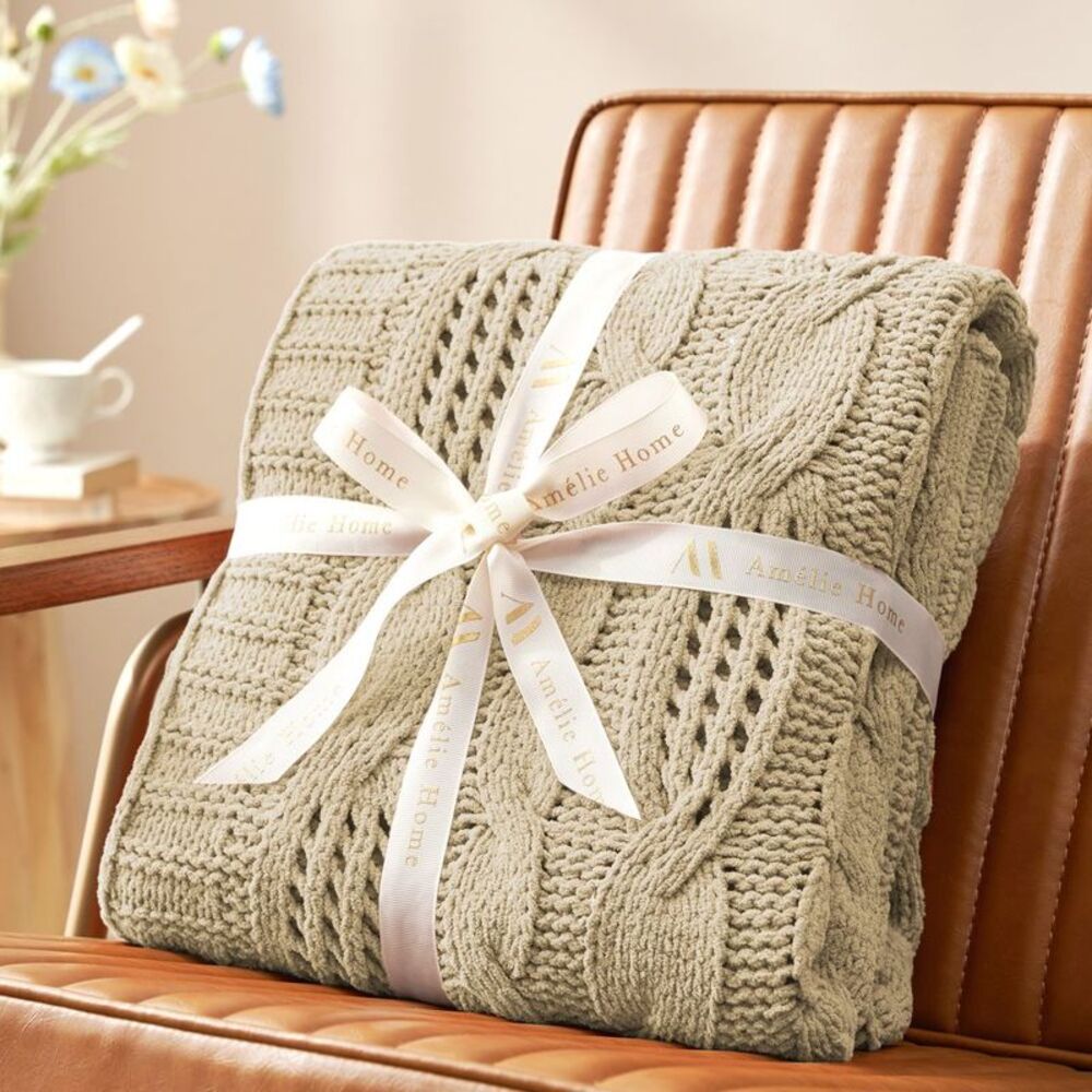 Cable Chunky Knitted Chenille Throw Blanket Beige-Amelie Home